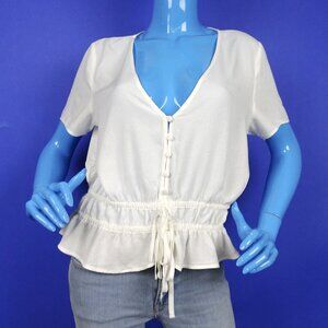 H&M White Low Cut Peasant Blouse Top Shirt 8 40 M Festival Boho Ruffle Hem Prair